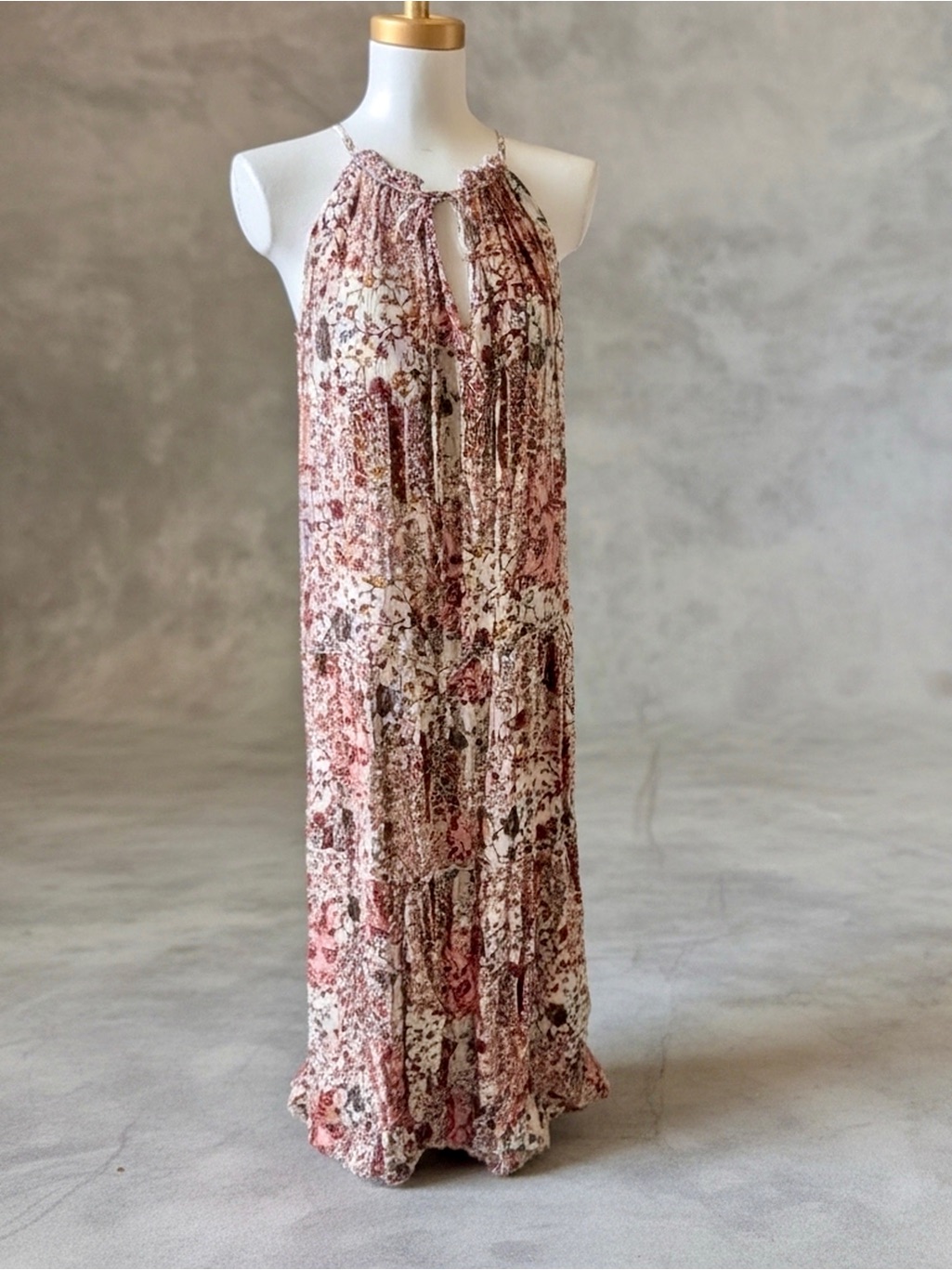 Drew Anthropologie Boho Floral Halter Maxi Dress In Rose And Cream